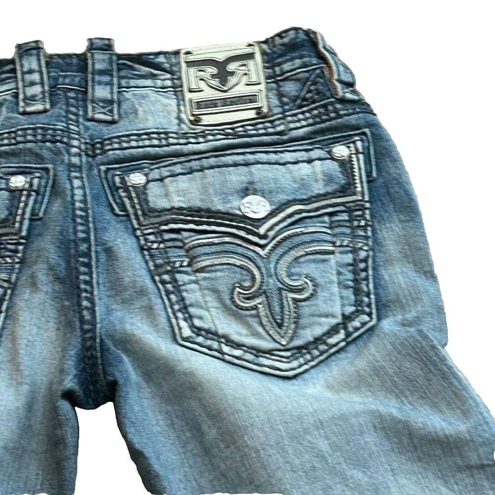 Rock Revival Fermin Jeans Mens 34x31 Blue Denin Distressed Leather Patch Stitch